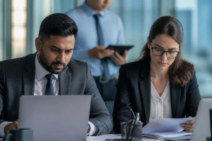 Medewerkers op een kantoor die onder hoge werkdruk gefocust achter hun laptop werken.