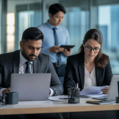 Medewerkers op een kantoor die onder hoge werkdruk gefocust achter hun laptop werken.